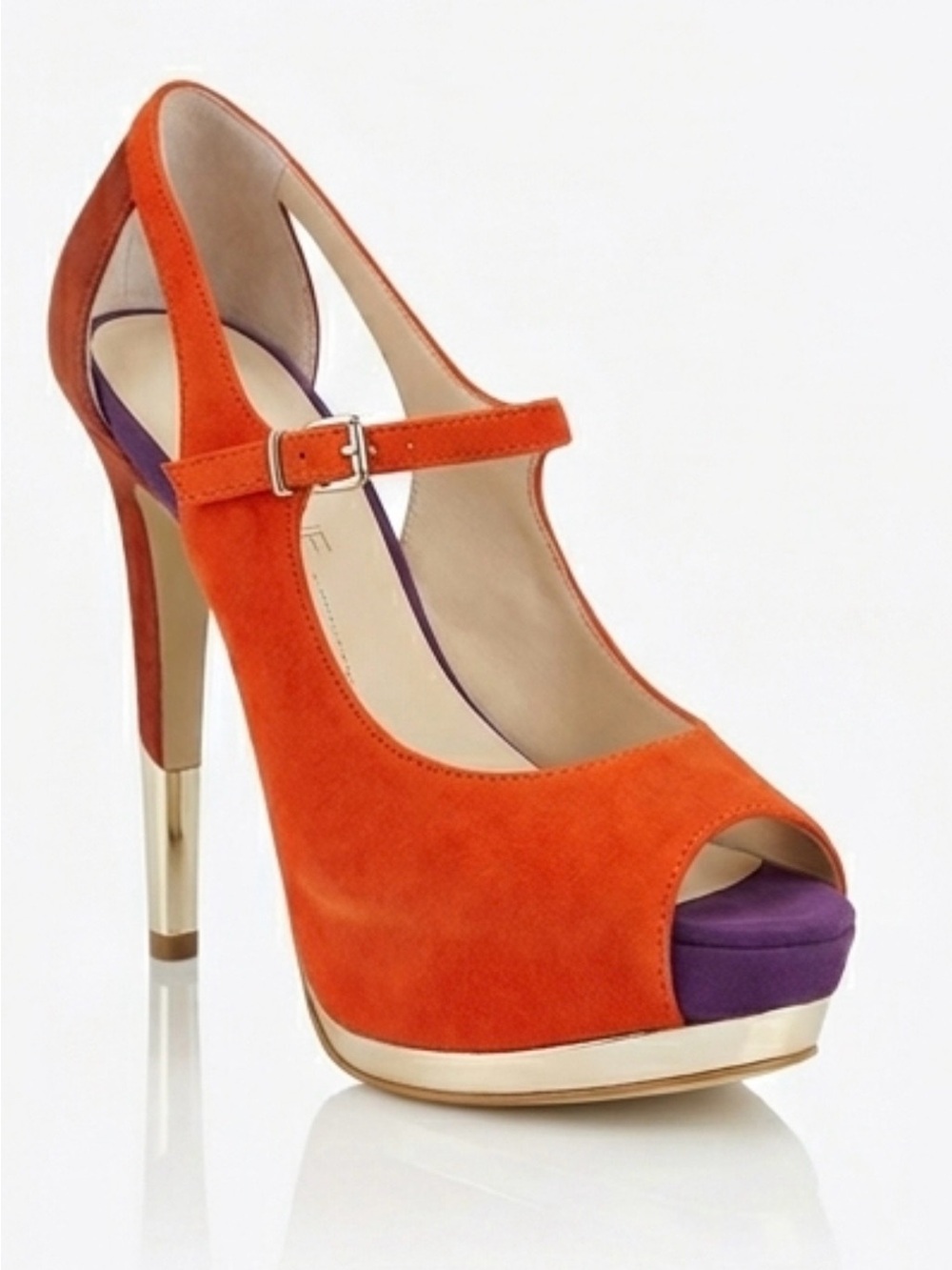 Boutique 9 Orange Suede Mary Jane Peep-Toe Heel with Purple Platform